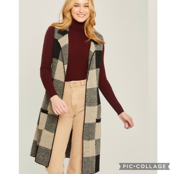 Plaid.. Plaid… Black n Cream Plaid Cardi Vest - Picture 2 of 5